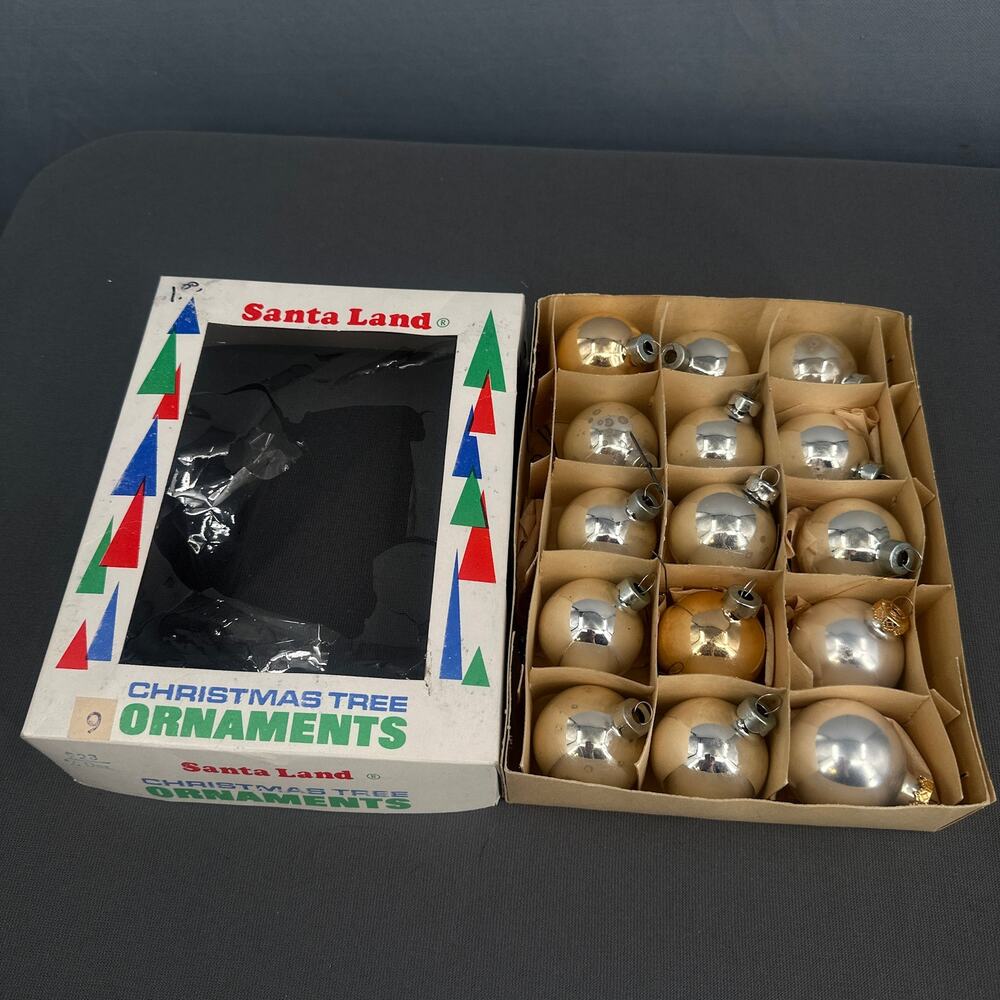 18 VTG Santa Land Silver Gold Glass Christmas Tree Ornaments USA 70s Retro Glam